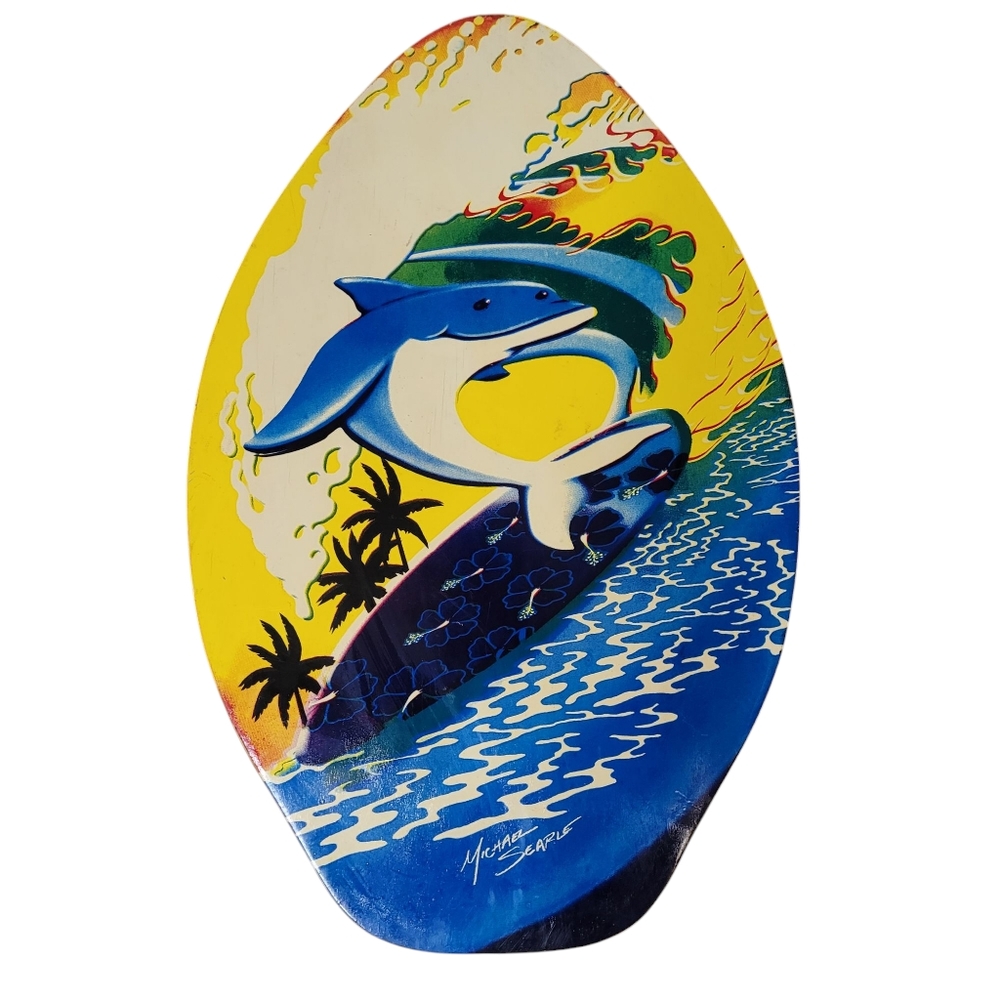 Vintage Michael Searle Skim Board Signed Surfing Dolphin Wood Surfing Boogie